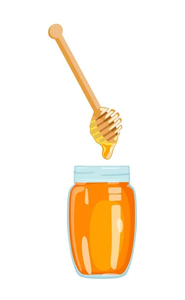 Honig, der aus einer Schöpfkelle in ein Glas abfließt. Vektorillustration. — Stockvektor