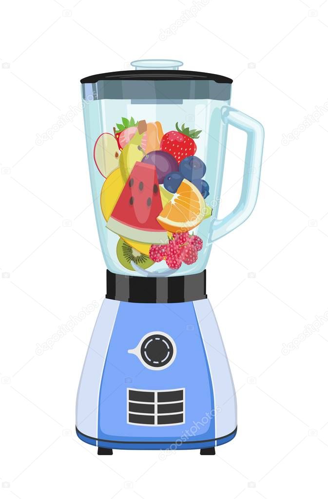 Kitchen blender with pieces of fruit. Vector illustration.