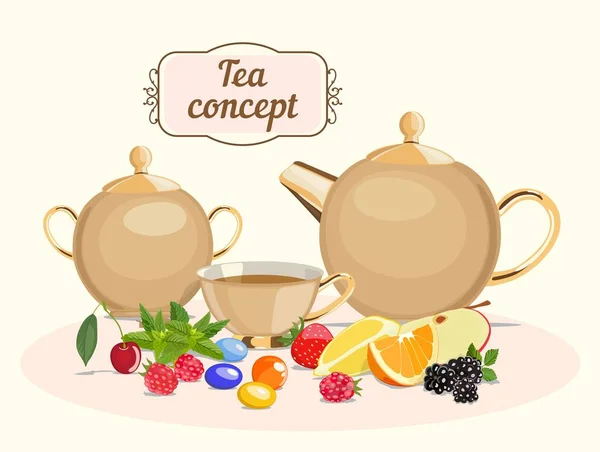 茶具: 茶壶、糖碗、杯茶。矢量插图. — 图库矢量图片