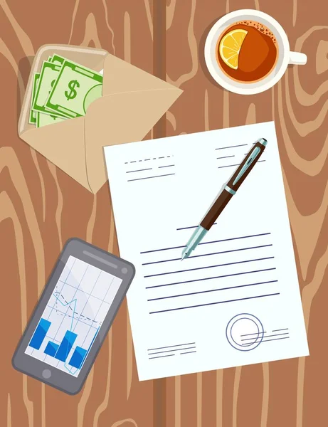 Workplace with contract, money in an envelope on table. Vector illustration. — Stock Vector