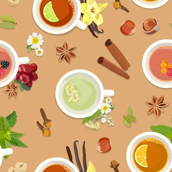 Patrón sin costuras con tazas de té y deliciosos aditivos para el té. Ilustración vectorial . — Vector de stock