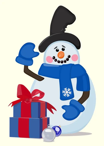 Fröhlicher Schneemann mit Geschenkschachteln. Grußkarte. Vektorillustration. — Stockvektor