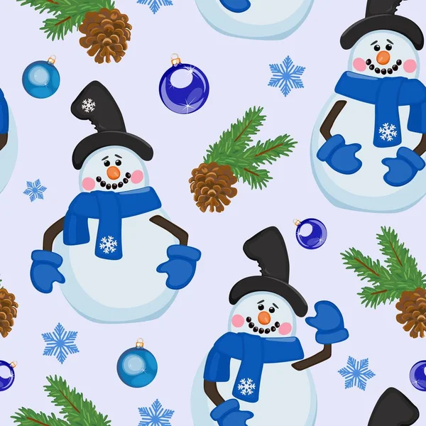 Seamless pattern of snowmen in hat and mittens. Vector illustration. — Stock Vector