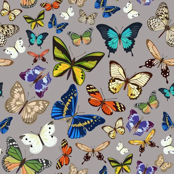 Sömlöst mönster med små och stora färgglada fjärilar. Vektorillustration. — Stock vektor