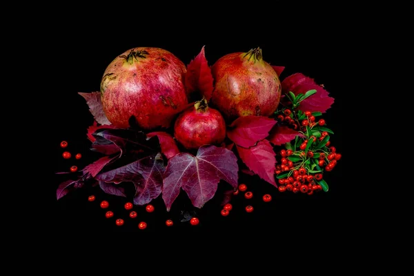 Pomegranate Fruit Pomegranate Tree Composition Leaves Black Background — Stock Photo, Image