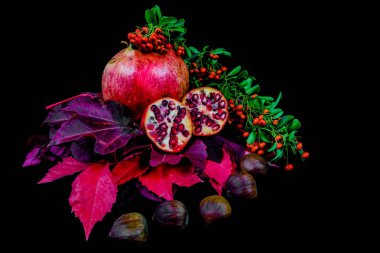 Nar ve kestane ve lea ile kompozisyon kırmızı meyve