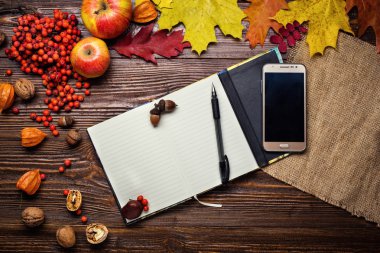 defter, kalem ve telefon sonbahar natürmort, sonbahar yaprakları, hediyeler sonbahar, ahşap arka plan, ceviz, akçaağaç yaprakları - yukarıdan Sonbahar kompozisyon. Metin için özgür yer. Renkli sonbahar yaprakları