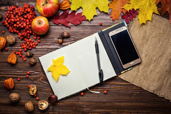 Carnet, stylo et téléphone en automne nature morte, feuilles d'automne, cadeaux d'automne, fond en bois, noix, feuilles d'érable composition d'automne par le haut. Espace libre pour le texte. Feuilles d'automne colorées — Photo