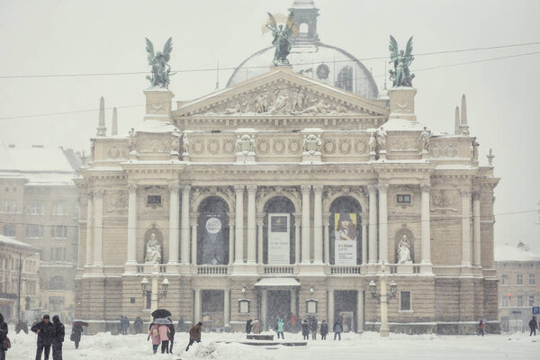 Lviv, Ukraine - November 13, 2016 : Lviv Opera and Ballet Theater during a snowfall