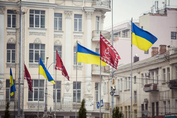 Vinnitsa, Ucrania - 11 de noviembre de 2015. Banderas en la calle Central en Vinnitsa, Ucrania, vista de la ciudad con los edificios en Vinnitsa — Foto de Stock