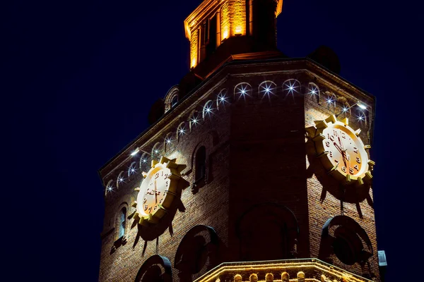 chapel tower, tower in the lights of the night city, town clock, the town at night, Vinnitsa, Europe, European city at night