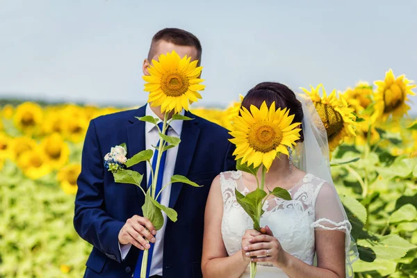 young couple in a field with sunflowers,Newlyweds with sunflowers, sun, field, summer field, bright flowers, sunflowers