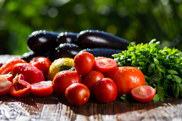 Close-up of fresh, ripe tomatoes, eggplant, sweet red pepper and parsley on wood background.Group of vegetables. Red and yellow tomatoes,pepper, eggplant and parsley in drops of water