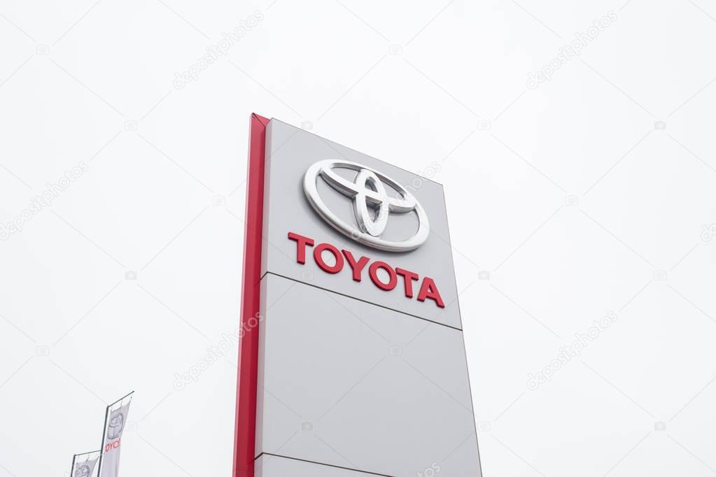 Vinnitsa, Ukraine -  November 25, 2016.Toyota logo, stand near a car dealership, Toyota advertisement