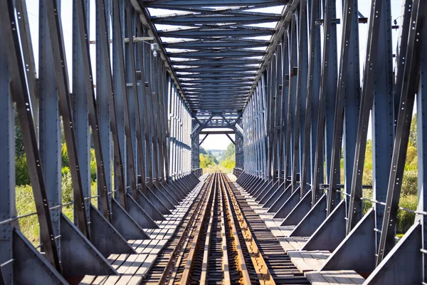 Puente ferroviario sobre el río, túnel, construcción, puente de hierro, rieles, traviesas, carretera, horizonte — Foto de Stock