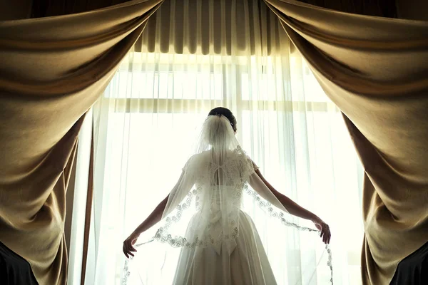 Silhouette d'une mariée debout à la fenêtre et tenant un voile, belle mariée debout à la fenêtre, le matin de la mariée, mariage européen, mariage américain, mariée tenant un voile — Photo