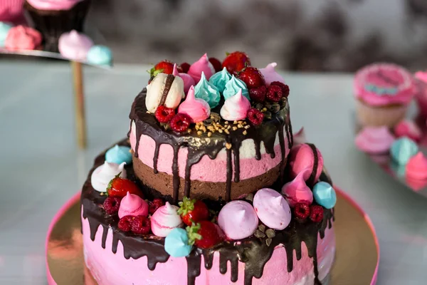 Gâteau rose chic, gâteau d'enfants, gâteau d'anniversaire, table sucrée, barre de bonbons, gâteau, vacances, restauration, banquet, guimauves — Photo