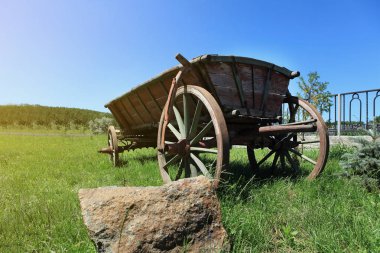 eski ahşap sepeti bir yeşil çimen, vagon at, saman, Bahçe içinde eski ahşap sepeti taşımak için eski ahşap sepeti