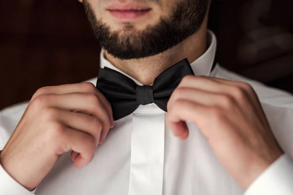 男蝶服、蝶ネクタイに置く実業家。スーツ、手のケア、調整、ファッション、弓を修正するためのネクタイ. — ストック写真