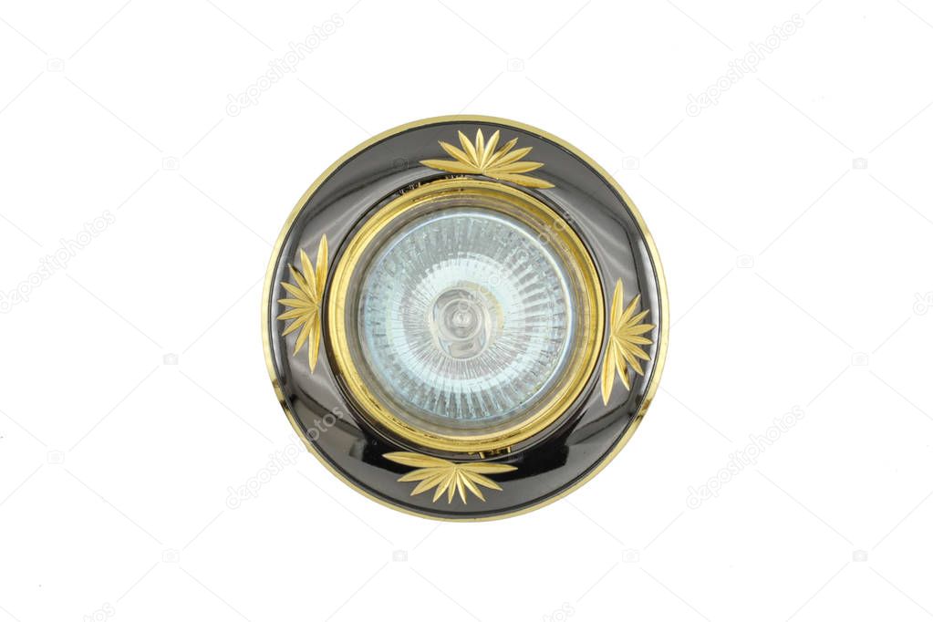 closeup of light bulb,Halogen lamp on white background, lamp vandal-proof, outdoor, LED, light, bright, light, energy saving panel, lights, reflectors, sun protection glass,electricity concept
