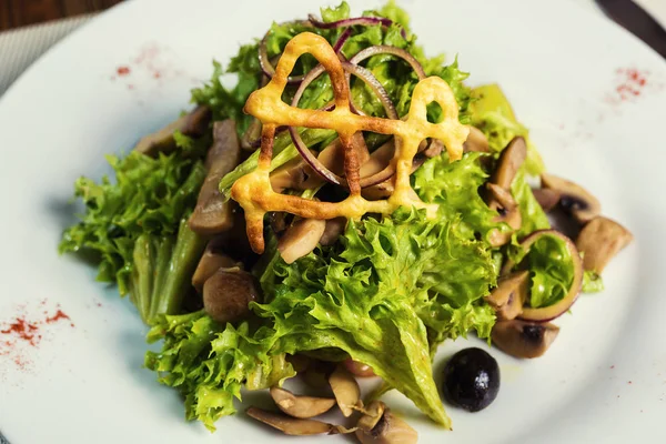 Салат з куркою, гриби і листя салату айсберг і маслини. Страви у ресторані, Європейська кухня, Європейський ресторан, паб — стокове фото