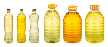 Beyaz bir arka planda, şişe petrol plastik büyük, yeni tasarım, küçük Mantar tıpa, petrol kavramı ile petrol şişe şişe sızma zeytin yağı ve sunflowerseed yağı kavanoz set