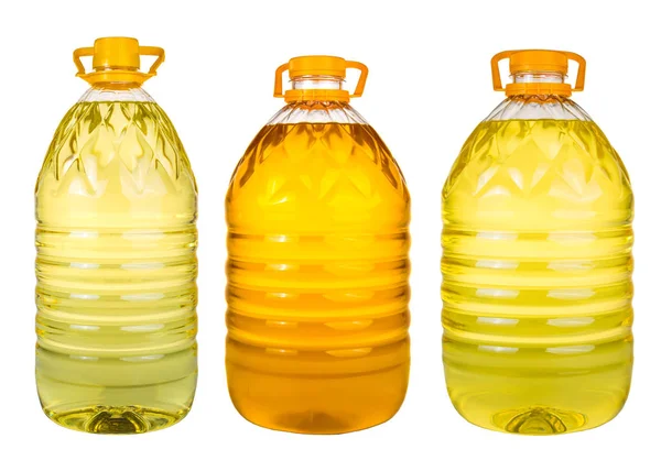 Set minyak zaitun perawan ekstra dan teko minyak biji bunga matahari pada latar belakang putih, plastik botol besar, Botol untuk desain baru, botol kecil minyak dengan sumbat gabus, konsep minyak — Stok Foto