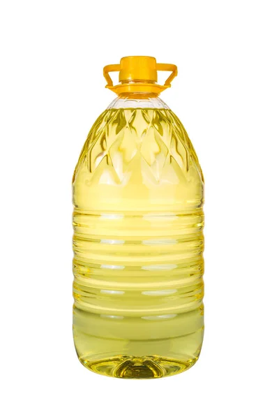 Huile d'olive extra vierge et pots d'huile de tournesol isolés sur un fond blanc, bouteille d'huile plastique grande, Bouteille pour nouveau design, Petite bouteille d'huile avec bouchon de liège, concept d'huile — Photo