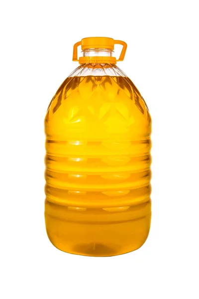 Ekstra minyak zaitun perawan dan minyak biji bunga matahari botol diisolasi pada latar belakang putih, botol plastik besar, botol untuk desain baru, botol kecil minyak dengan sumbat gabus, konsep minyak — Stok Foto