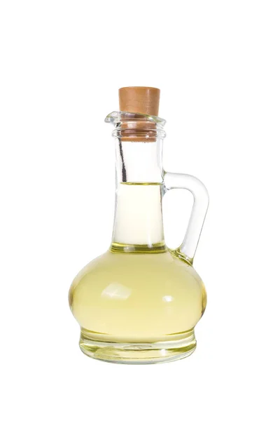 Frascos de aceite de oliva virgen extra y aceite de girasol aislados sobre un fondo blanco, botella de aceite de plástico grande, botella para nuevo diseño, botella pequeña de aceite con tapón de corcho, concepto de aceite — Foto de Stock