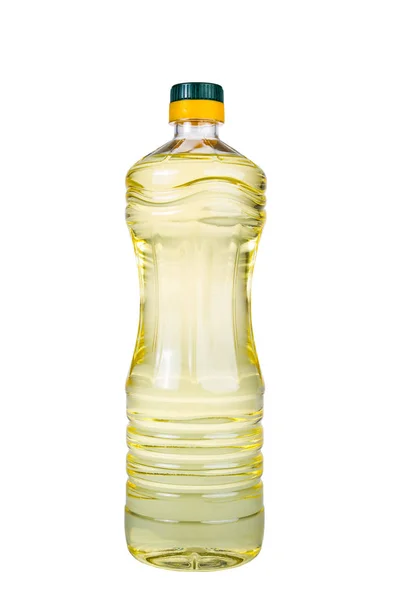 Huile d'olive extra vierge et pots d'huile de tournesol isolés sur un fond blanc, bouteille d'huile plastique grande, Bouteille pour nouveau design, Petite bouteille d'huile avec bouchon de liège, concept d'huile — Photo