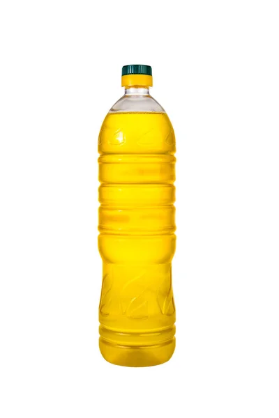 Ekstra minyak zaitun perawan dan minyak biji bunga matahari botol diisolasi pada latar belakang putih, botol plastik besar, botol untuk desain baru, botol kecil minyak dengan sumbat gabus, konsep minyak — Stok Foto