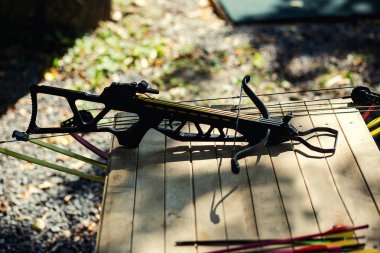 Crossbow, weapons producing boom.crossbow resting on tree trunk in autumn woods,crossbow resting on tree trunk in autumn woods clipart