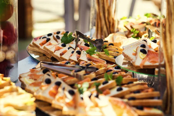 Buffet table, Canape with salmon, sandwiches, snacks, holiday table, sliced, celebration,fourchette, catering, table setting, restaurant — Stock Photo, Image