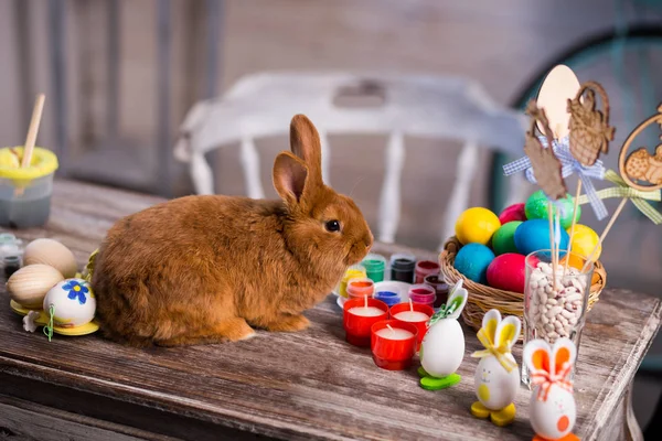 Beautiful red-haired rabbit sitting on a wooden board on a blue background,Little rabbit on wooden table.rabbits with Easter eggs,Funny little rabbit among Easter eggs — Stock Photo, Image