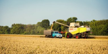 Vinnitsa, Ukrayna-Temmuz 27,2016.Grain hasat, tahıl, bir gün batımı buğday hasat boşaltma sonsuz alanlar'ın altında mavi gökyüzü, yaz peyzaj araya. Tarım, iş, doğa ve kavram