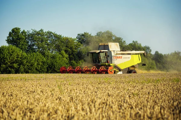 Vinnitsa, Ukrajina-Červenec 27,2016.Grain sklizeň kombinovat, letní krajina nekonečná pole pod modrou oblohou, vykládání zrna, sklizeň pšenice na západ slunce. Zemědělství, práce, příroda a koncepce — Stock fotografie