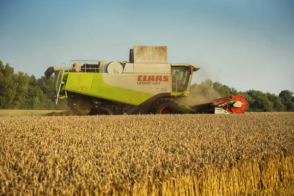 Winnicy, Ukraina-lipca 27,2016.Grain zbiorów połączyć, Summer krajobraz niekończące się pola pod błękitne niebo, rozładunku ziarna, zbiory pszenicy na zachód słońca. Rolnictwo, praca, natura i koncepcja — Zdjęcie stockowe