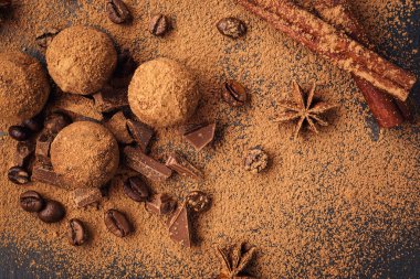 Çikolata, kakao tozu ile trüf çikolata şekerleme. Ev yapımı taze enerji topları çikolata ile. Gurme muhtelif tarafından yapılan yer mantarı chocolatier. Çikolata ve kahve fasulye topakları