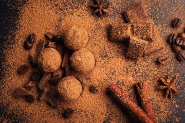 Çikolata, kakao tozu ile trüf çikolata şekerleme. Ev yapımı taze enerji topları çikolata ile. Gurme muhtelif tarafından yapılan yer mantarı chocolatier. Çikolata ve kahve fasulye topakları