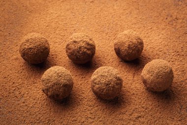 Çikolata, kakao tozu ile trüf çikolata şekerleme. Ev yapımı taze enerji topları çikolata ile. Gurme muhtelif tarafından yapılan yer mantarı chocolatier. Çikolata ve kahve fasulye topakları