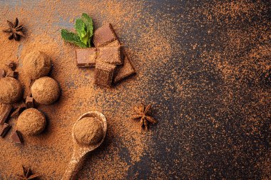 Çikolata, kakao tozu ile trüf çikolata şekerleme. Ev yapımı taze enerji topları çikolata ile. Gurme muhtelif tarafından yapılan yer mantarı chocolatier. Çikolata ve kahve fasulye topakları