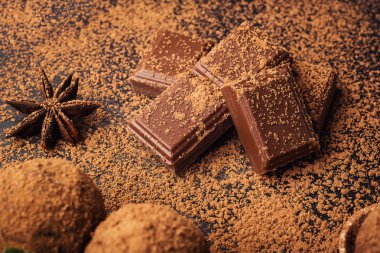 Çikolata, kakao tozu ile trüf çikolata şekerleme. Ev yapımı taze enerji topları çikolata ile. Gurme muhtelif tarafından yapılan yer mantarı chocolatier. Çikolata ve kahve fasulye topakları