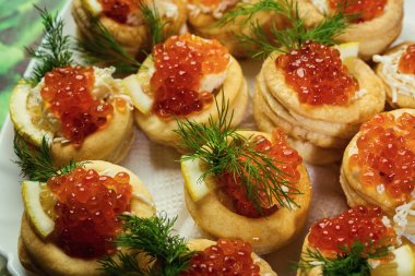 Tartı ile kırmızı havyar, tartı kırmızı havyar ile kapatın. Doldurma tartlets kırmızı havyar, gurme gıda, iştah açıcı, aperatifler, mascarpone