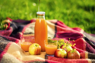 Çimlerde piknik. suyu, bir demet kır çiçekleri, meyve, ot, sağlıklı yiyecek ve aksesuarları, piknik çim yaz saati dinlenme Parkta piknik 