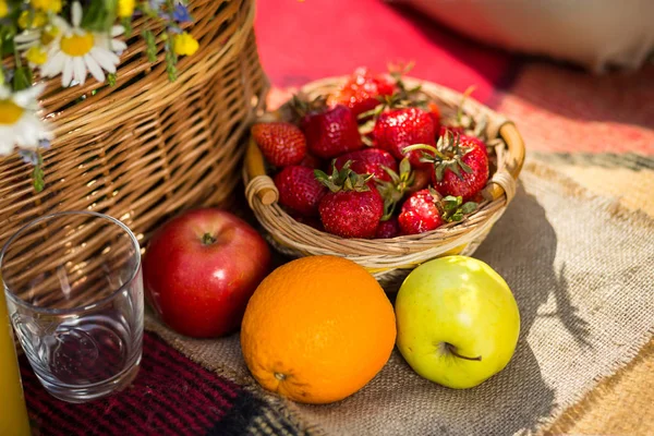 Çimlerde piknik. suyu, bir demet kır çiçekleri, meyve, ot, sağlıklı yiyecek ve aksesuarları, piknik çim yaz saati dinlenme Parkta piknik 
