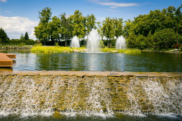 Paisajismo en el jardín. El camino en el jardín. Hermoso diseño del paisaje del patio trasero, Algunas flores y arbustos bien recortados en el patio delantero nivelado, Paisaje formal — Foto de Stock