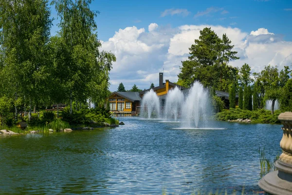 Architektura krajobrazu w ogrodzie. Ścieżka w ogrodzie. Piękny podwórku krajobrazu, Niektóre kwiaty i ładnie przycięte krzewy na wypoziomowanie podwórku krajobraz formalne — Zdjęcie stockowe