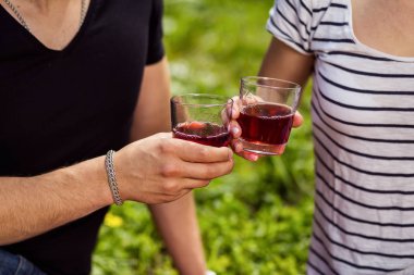 Çimlerde piknik. meyve suyu, meyve, piknik seven çim, sağlıklı yiyecek ve aksesuarları, piknik çim yaz saati dinlenme, Parkta piknik üzerinde çift