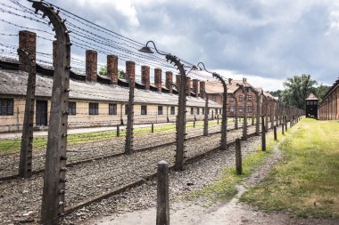 Auschwitz, Polonya - 11 Temmuz 2017.Barracks ve dikenli tel (Polonya) Auschwitz toplama kampında. Müze Auschwitz - Birkenau.Barbed telle bir toplama kampı.